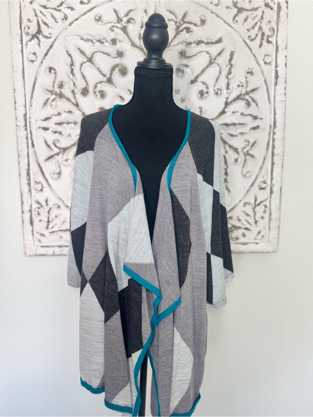 Christopher & Banks XL Argyle Waterfall Cardigan Gray Teal Wool Blend Draped